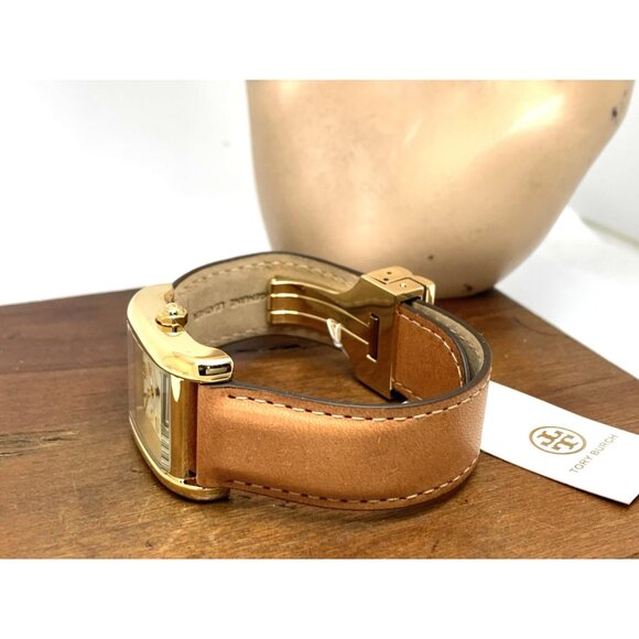Tory Burch Women's Watch TBW1068 Tank Cream Dial Gold Quartz Brown Leather Band - Picture 9 of 14
